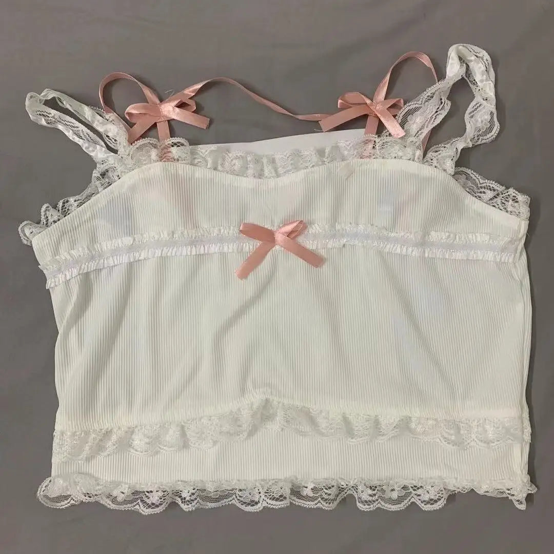 Pink Japanese Kawaii Lolita Crop Top Women White Korean College Style Sweet Tank Top Bow Lace France Princess Vset Female 2023
