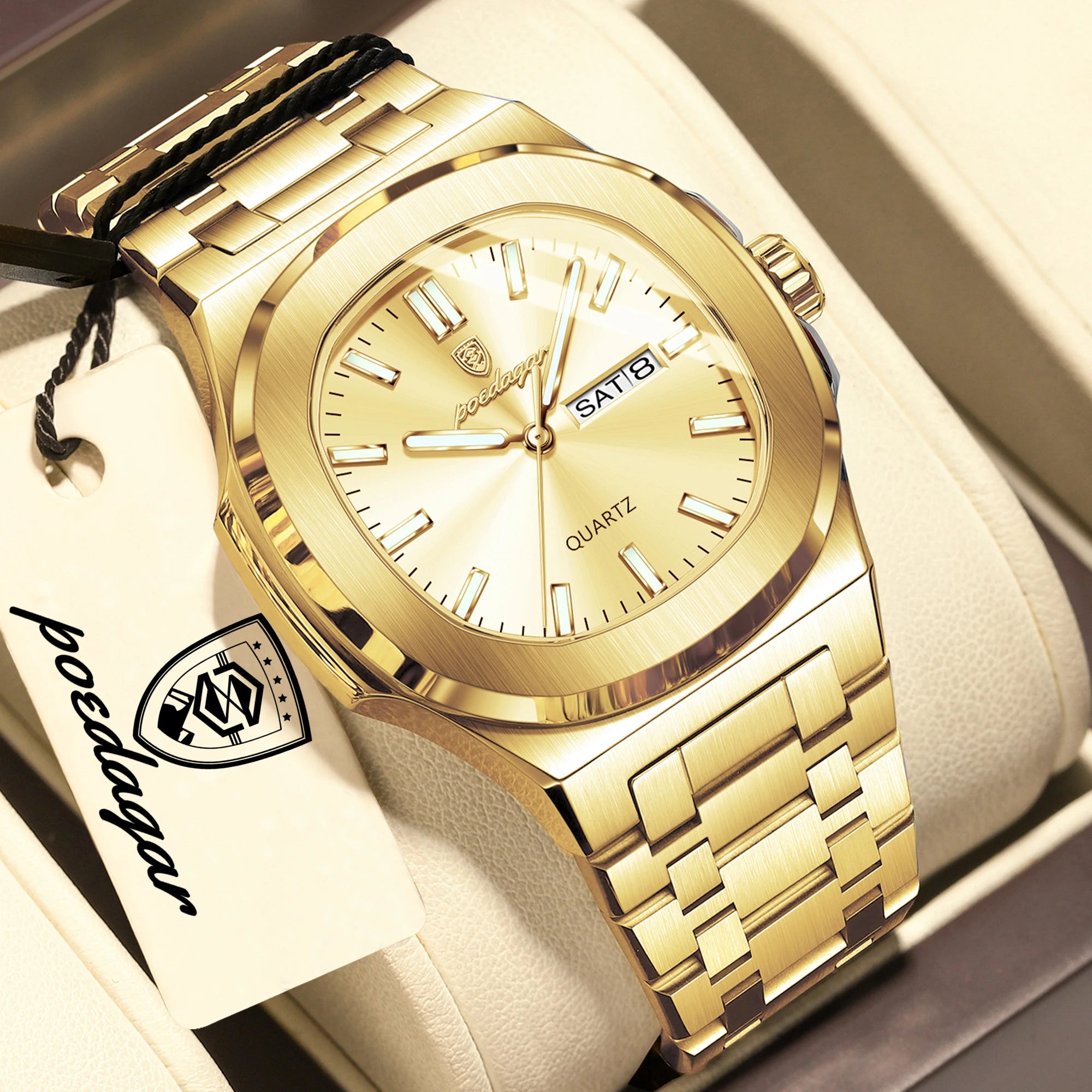 POEDAGAR Top Trendy Men's Watches Waterproof Luminous Date Week Luxury Men Watch Stainless Steel Quartz Business Man Clock Reloj