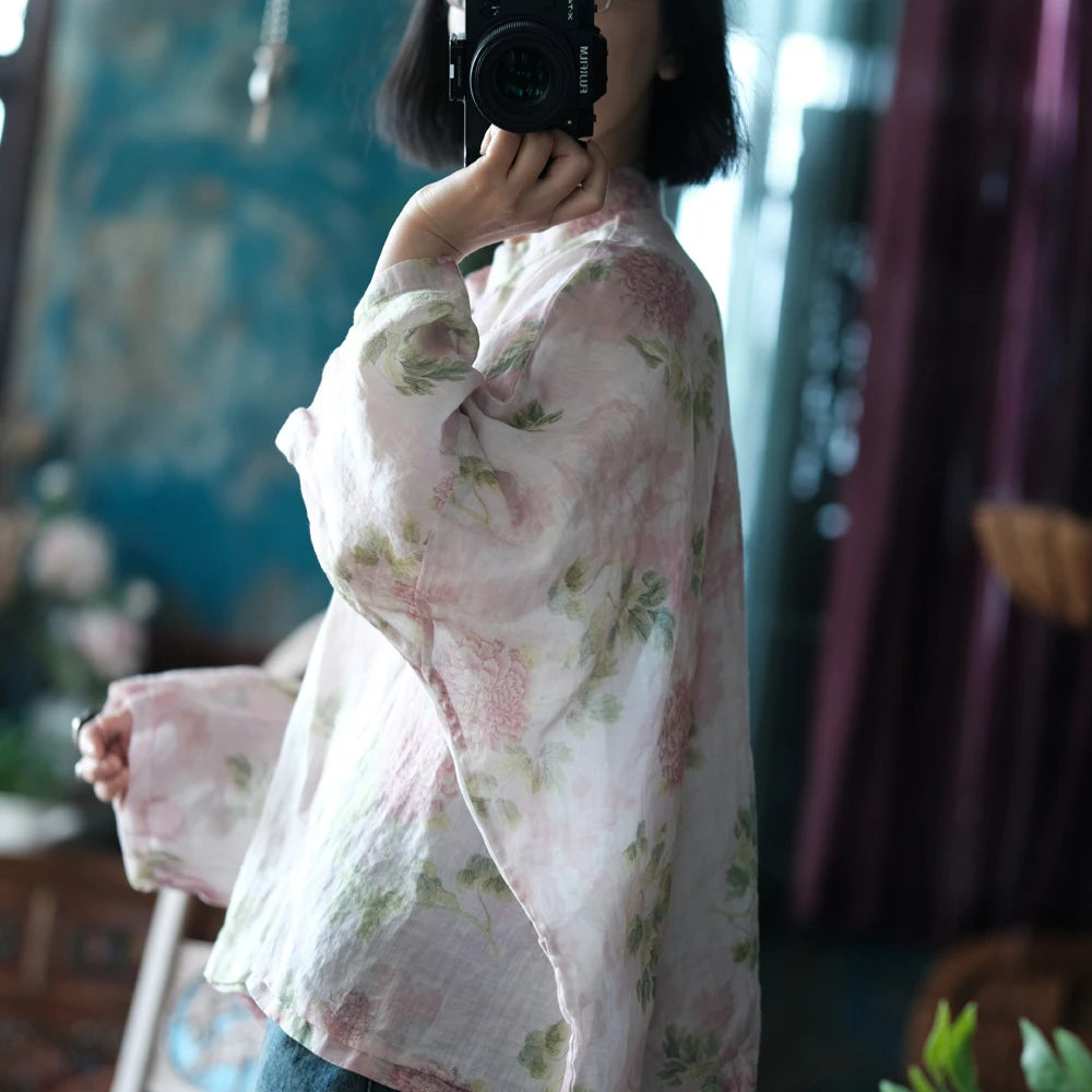 Oversized Women Batwing Sleeve Linen Shirt New 2025 Spring Chinese Style Vintage Floral Print Female Casua Tops Shirts M1057