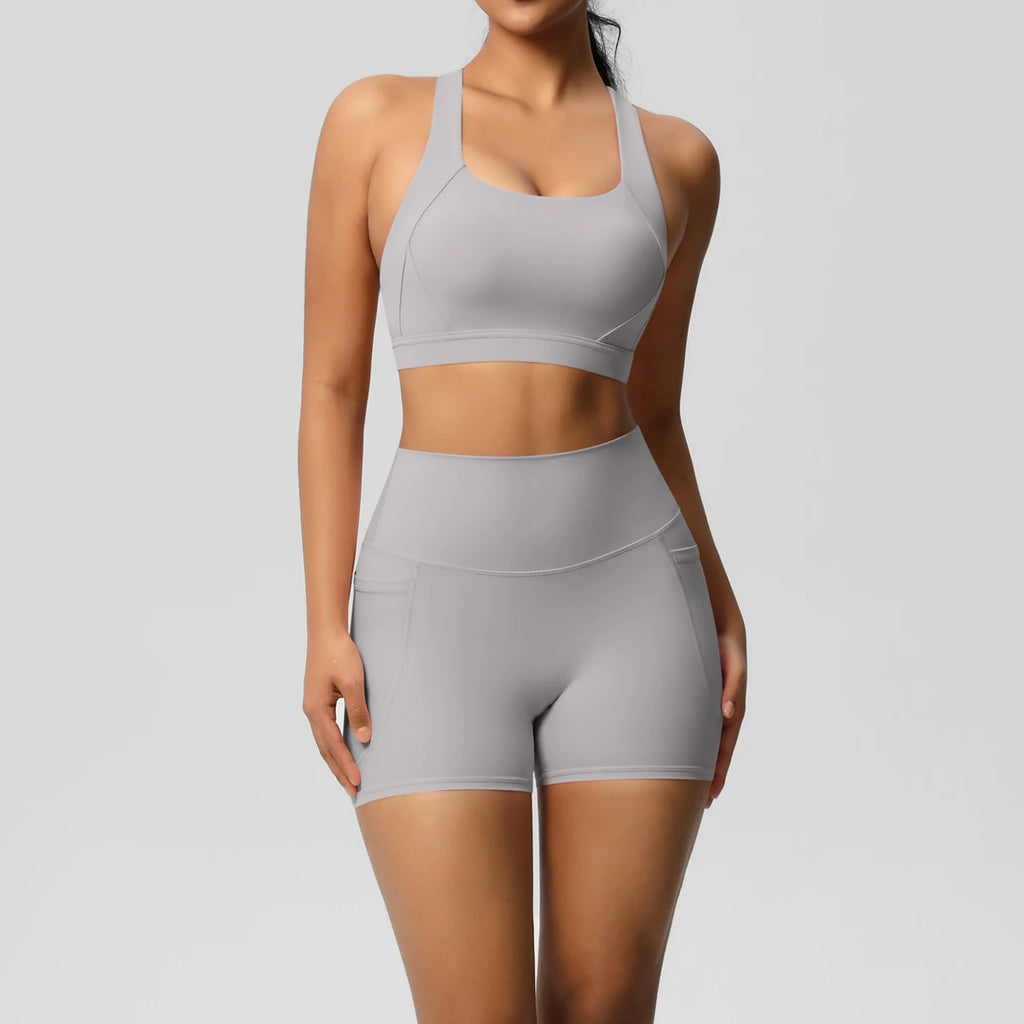 2PCS Sportswear With Pocketed Yoga Set Gym Clothes Yoga Suits For Women Tracksuits Sports Shorts Crossover Bra Gym Leggings
