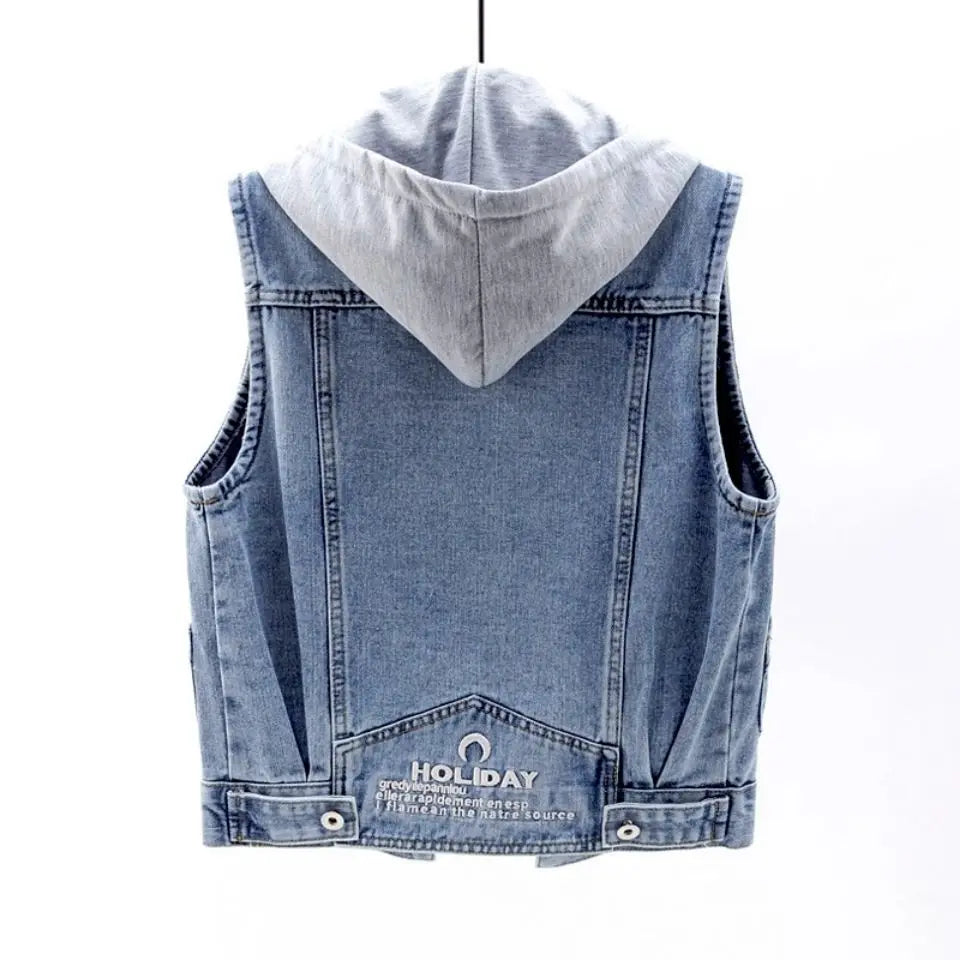 New Denim Vest Women's Spring Autumn Clothes Sleeveless Wild Tops Short Hooded Jacket Women Denim Jeans Vest Jacket Female