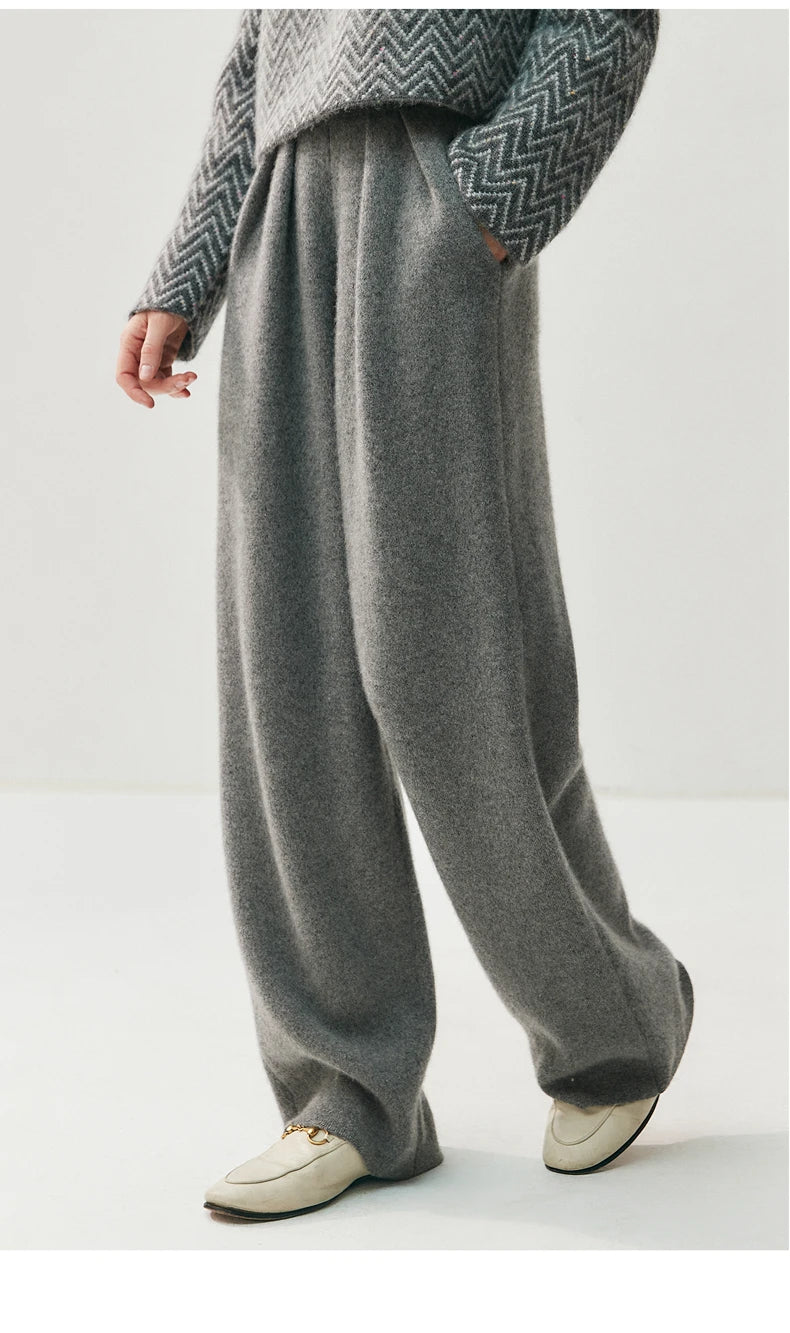New Women's 100% Cashmere Knitted Thick Pants Autumn Winter Comfortable Skin Friendly Wide-leg Pants Solid Color Casual Clothing