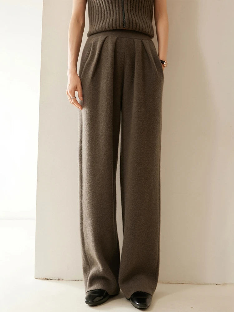 New Women's 100% Cashmere Knitted Thick Pants Autumn Winter Comfortable Skin Friendly Wide-leg Pants Solid Color Casual Clothing