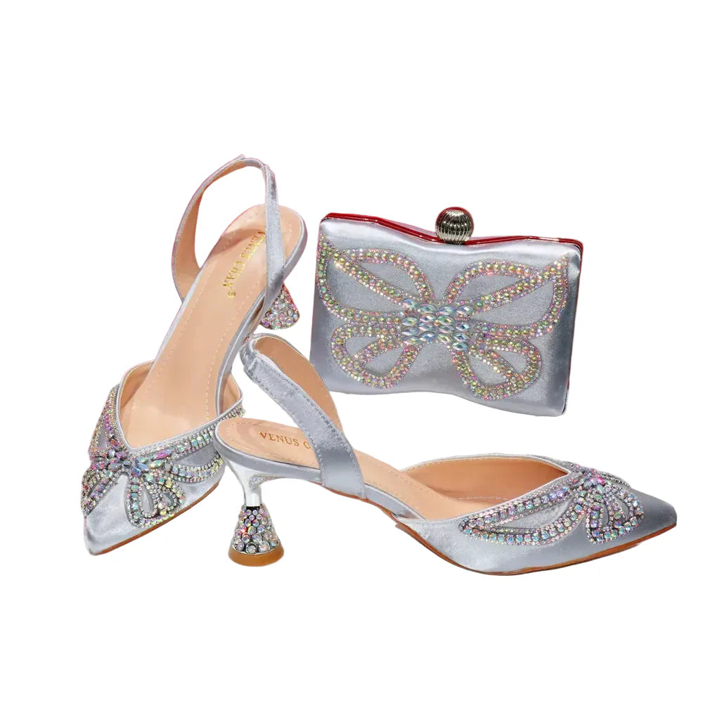 Design Diamond-Encrusted Bag And Pointed High-Heeled Shoes