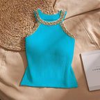2026 Summer Sleeveless Knitted Vest Shirt Slim Halter Neck Beaded Tops Slim Sexy Bright Silk Women Camisole