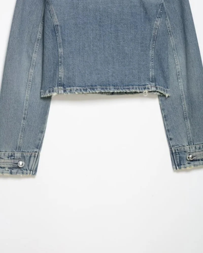 2026 New Women Denim 2 Piece Set Streetwear Button Decorated Stand Collar Cropped Jacket + Low Waist Shorts Y2K Outfi