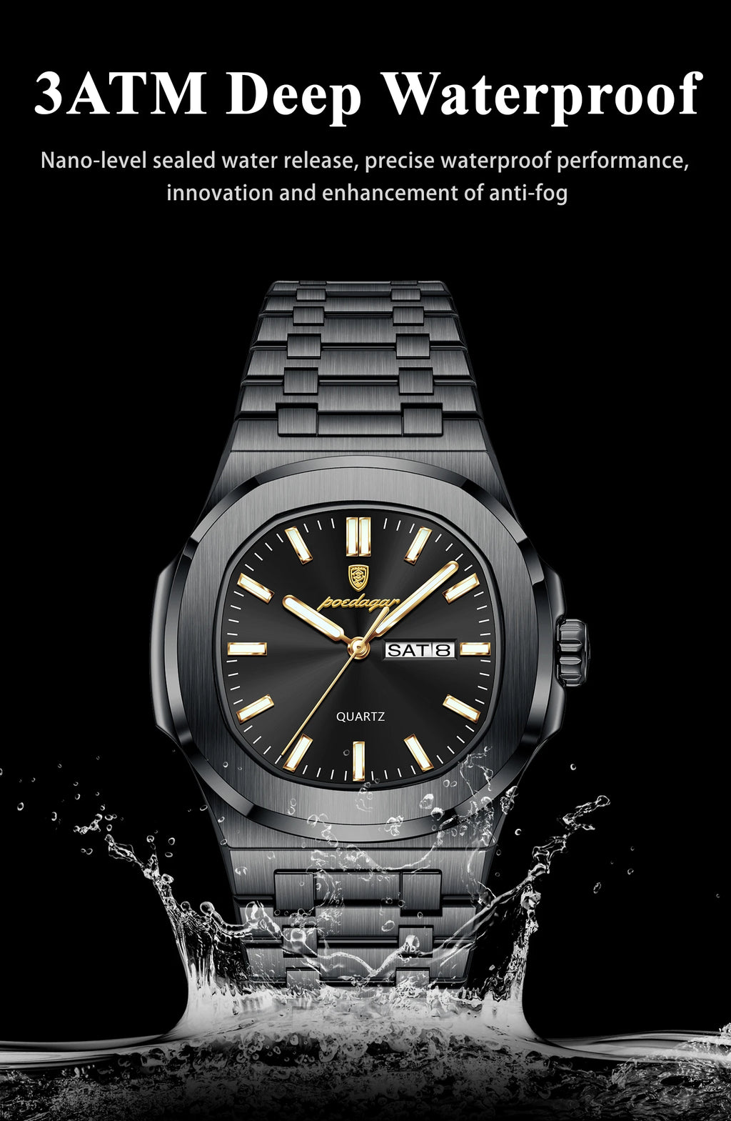 POEDAGAR Top Trendy Men's Watches Waterproof Luminous Date Week Luxury Men Watch Stainless Steel Quartz Business Man Clock Reloj