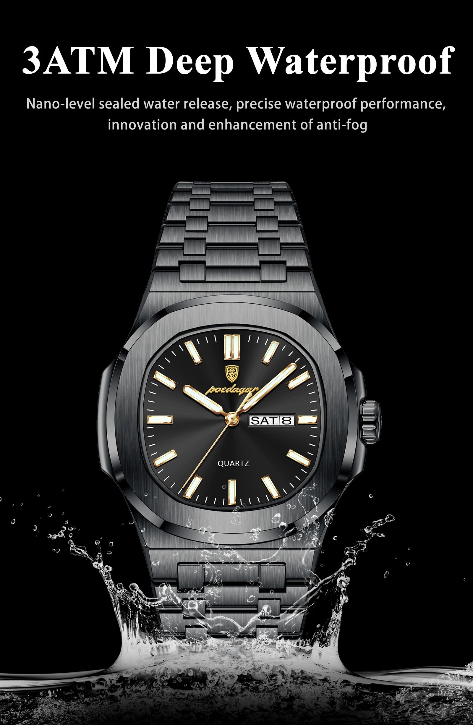 POEDAGAR Top Trendy Men's Watches Waterproof Luminous Date Week Luxury Men Watch Stainless Steel Quartz Business Man Clock Reloj