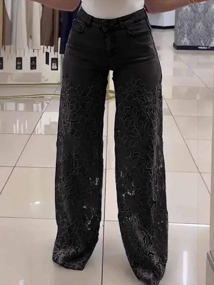 Lace Spliced Elegant Hollow Out Jeans Women New Fashion Temperament High Waist Straight Loose Denim Trousers Y2k Streetwear