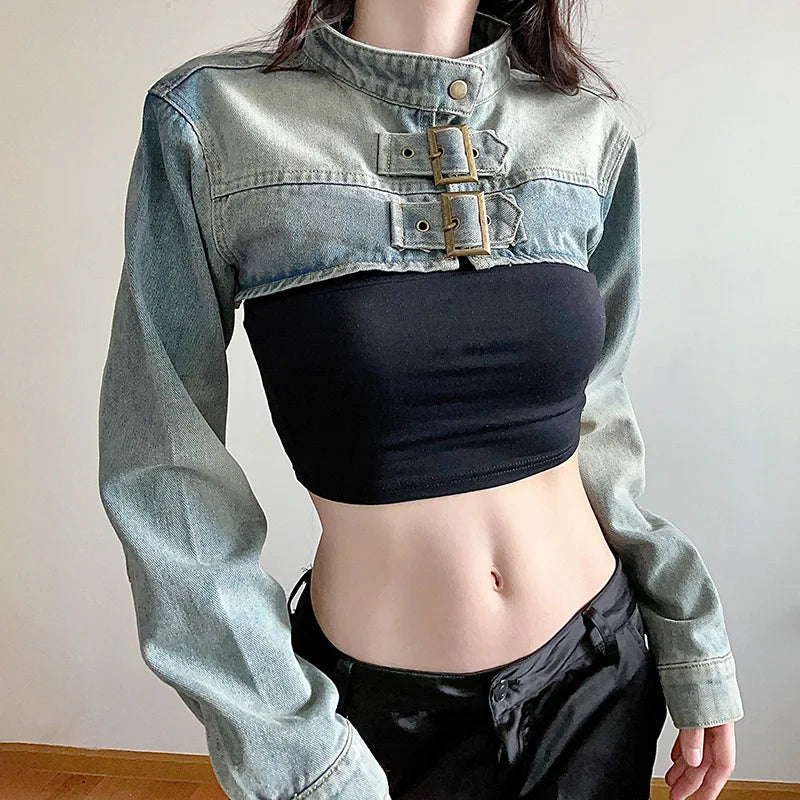 Women Fashion Denim Jacket Y2K Aesthetic Vintage Sexy Crop Tops Coat Japanese Harajuku Streetwear Female Spring Summer Outerwear