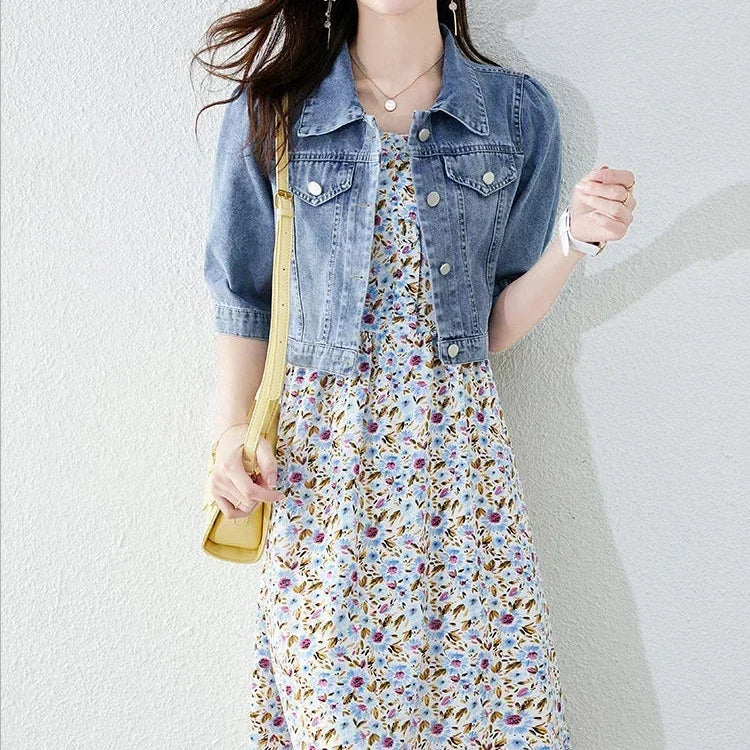Half Sleeve Denim Fit Harajuku Street Denim Jacket Women Vintage Crops Trendy Turn Down Collar Jackets Women Basic Solid Outwear