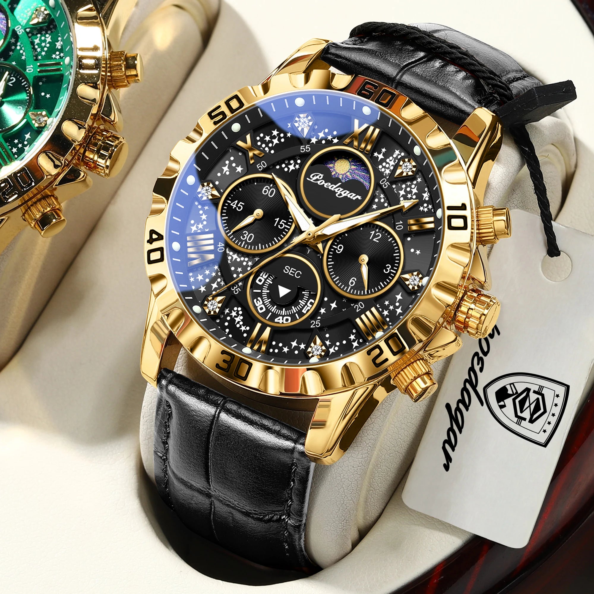 POEDAGAR Top Functional Luxury Man Wristwatch Waterproof Luminous Chronograph Leather Sports Watches For Men Quartz Men's Watch
