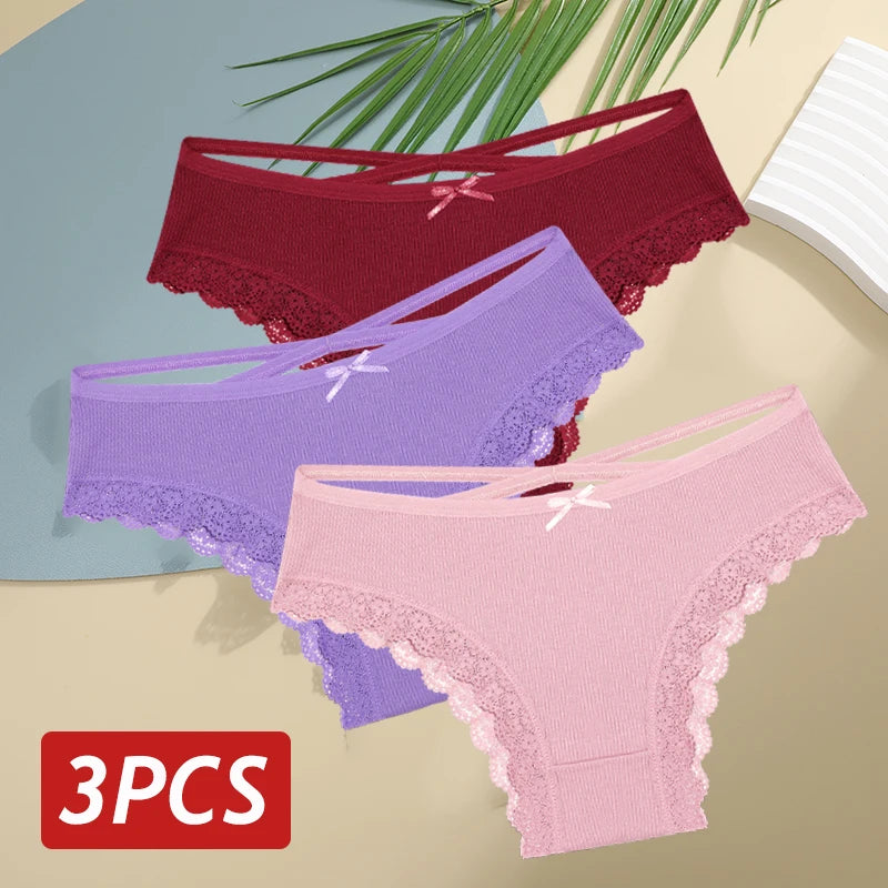 3PCS/Set Women’s Cotton Lace Bikini Panties – Low-Rise Breathable Soft Stretch Underwear (95% Cotton Comfort Fit) Sexy Low Rise Lace Brazilian Panties Hollow Out Soft Breathable Lingerie Female Bow Underwear S-XL