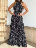 Elegant Printed Halter Neck Leace-Up Jumpsuit Women Sleeveless Fashion High Waist Wide Leg Jumpsuits Casual Streetwear  New