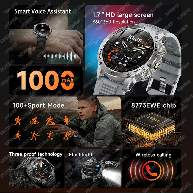 2026 Outdoor New 1000mAh Battery T-Rex 3 Military Grade Smart Watch Men IP69K Waterproof GPS HD Bluetooth Call 100+Sports Watch