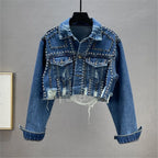 Women's Heavy Industry Riveted Diamond Denim Jacket Spring  Autumn New Slim Fashion Frayed Beaded Jacket Denim Female Tops 2026