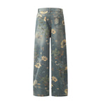 2026 New Vintage Floral Print Wide Leg Denim Pants Y2K High Waisted Distressed Washed Jeans Streetwear Loose Casual Trousers
