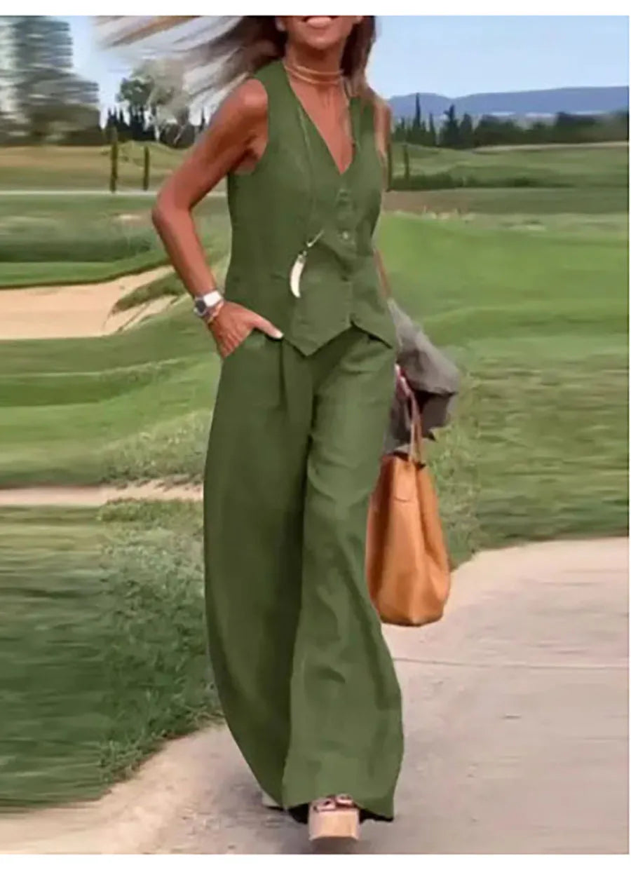 Casual Tank And Wide Leg Pant Sets 2 Piece Sets Women Outfit Summer Elegant Solid Cotton Linen Tops Trousers Suit Femme