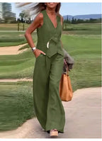 Casual Tank And Wide Leg Pant Sets 2 Piece Sets Women Outfit Summer Elegant Solid Cotton Linen Tops Trousers Suit Femme