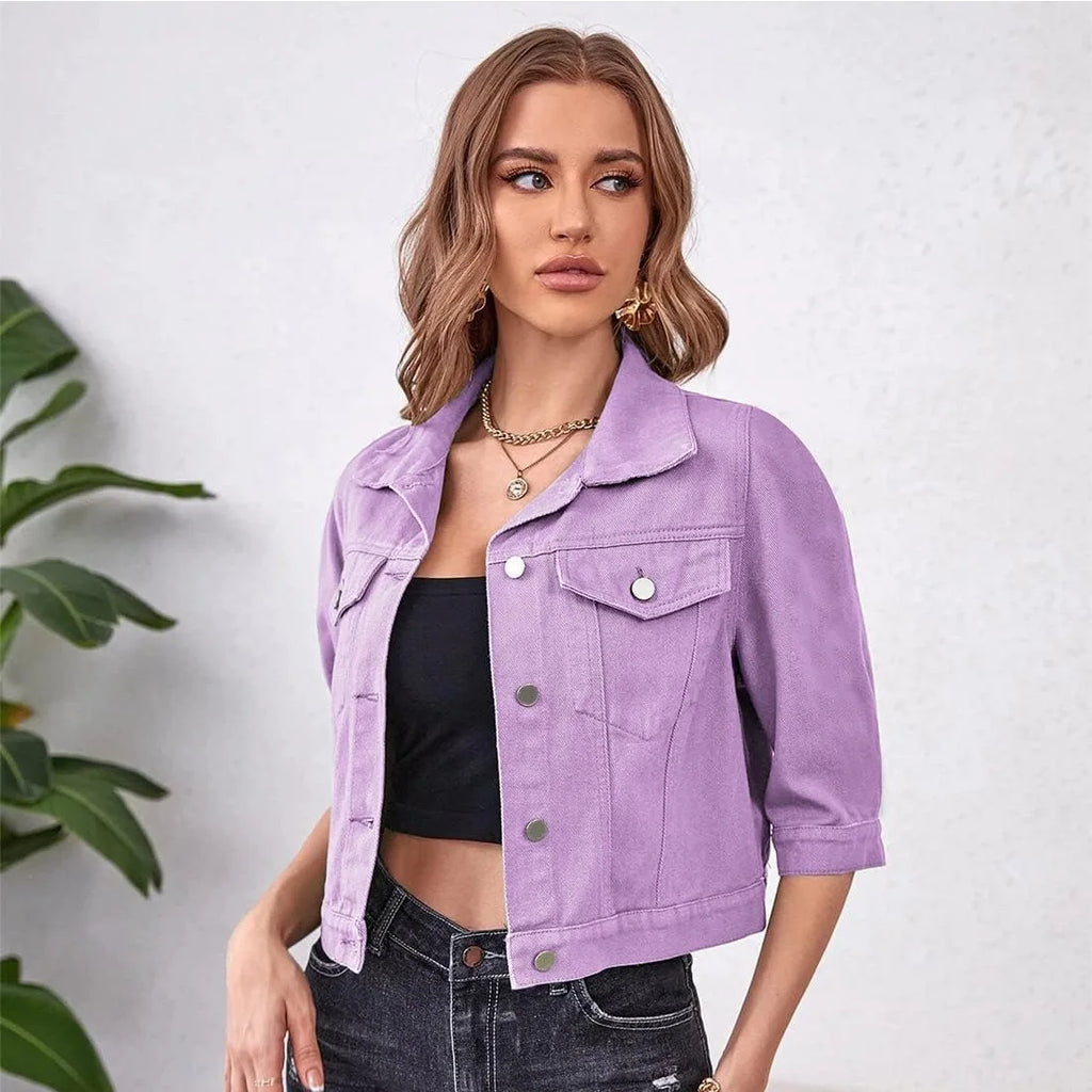 Womens Jean Jacket Cropped Denim Jackets Purple Yellow White Blue Stretchy 3/4 Puff Sleeve Distressed Shacket With Pockets
