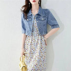 Half Sleeve Denim Fit Harajuku Street Denim Jacket Women Vintage Crops Trendy Turn Down Collar Jackets Women Basic Solid Outwear