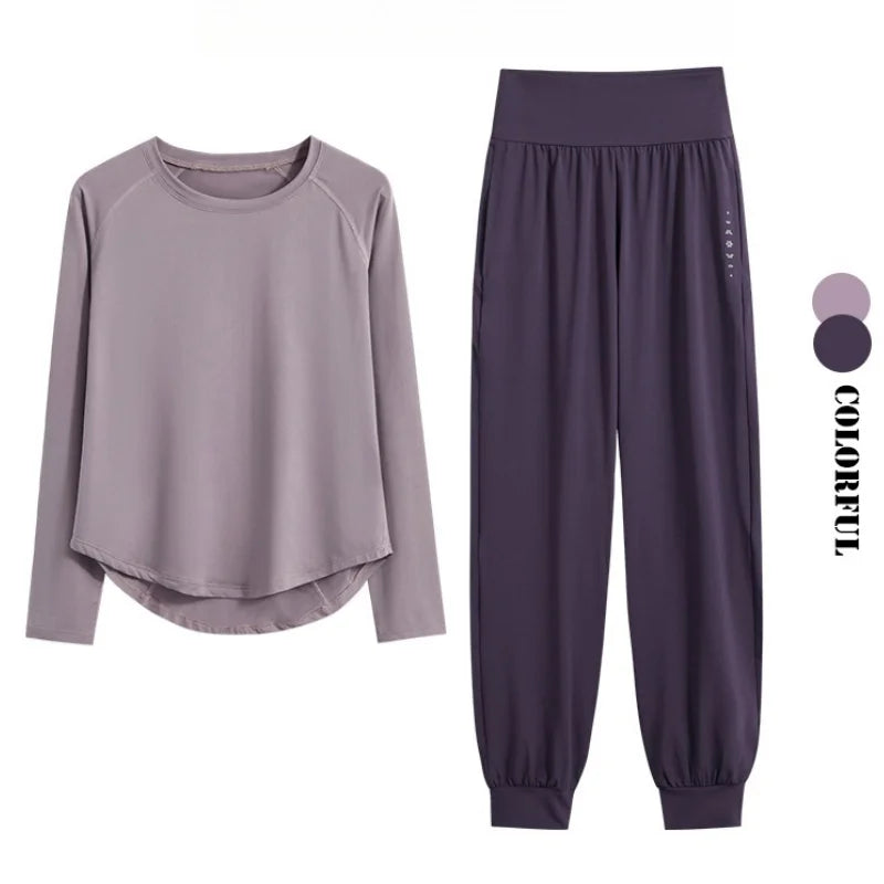 DRUR 2pcs Yoga Set Women Sports Pants Sets 2 Piece Sportswear Outfit Female Long Sleeve Fitness Top High Waist Sweatpants Suits