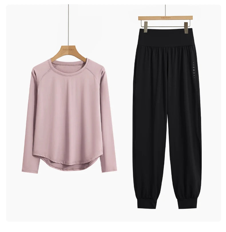 DRUR 2pcs Yoga Set Women Sports Pants Sets 2 Piece Sportswear Outfit Female Long Sleeve Fitness Top High Waist Sweatpants Suits