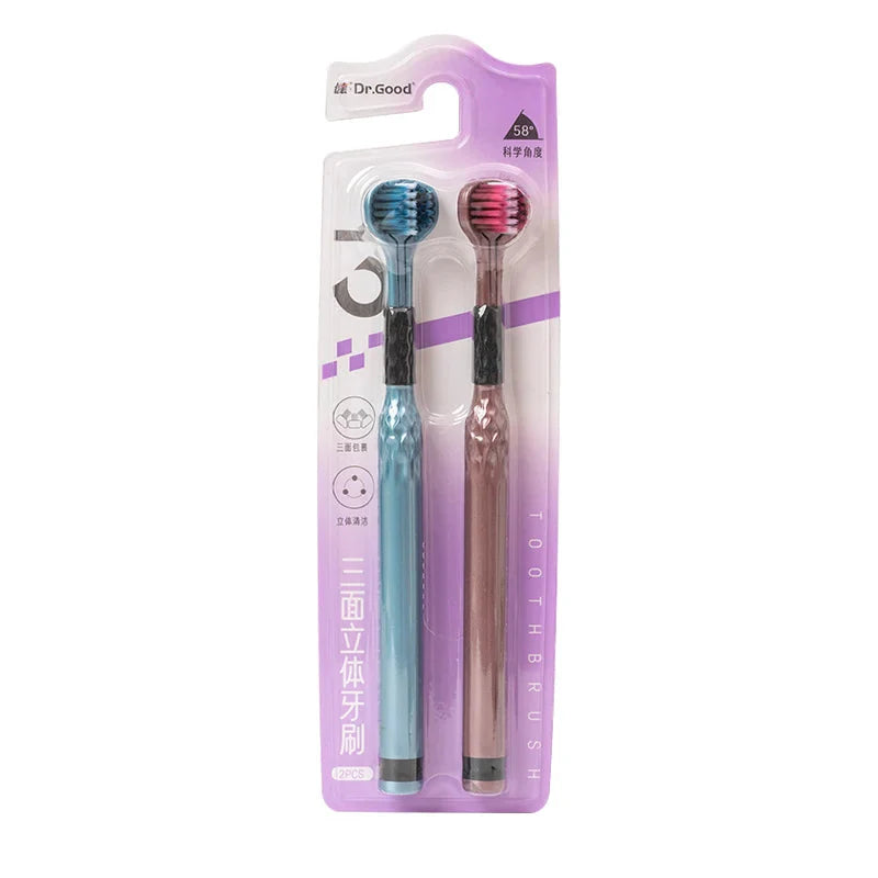 3-Sided Toothbrush for Comprehensive Cleaning | Ideal Angle Design | Raised Tongue Coating Brush | 2-Pack | Soft Bristles for Ge