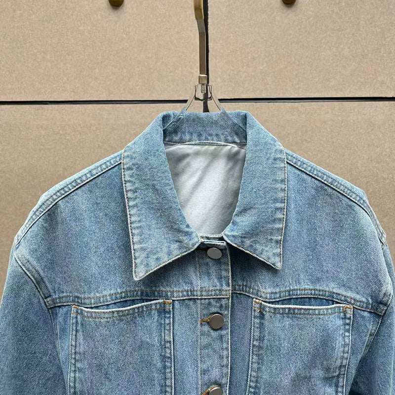 Women's Fitted Washed Denim Jacket, Notched Collar Single-Breasted Hem-Tapered Jacket, High-Quality Jacket, 2026, New Arrival,