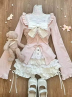 Japanese Sweet Preppy Style 2 Piece Set Women Kawaii Lace Patchwork Bow Tops + Y2k Plaid Mini Skirt Elegant Fashion Outifits New