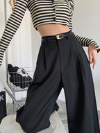 2025 Fall Winter Elegant Gray Suits Pants for Women Office Lady High Waist Wide Leg Fashion Trousers with Pockets Black Pants