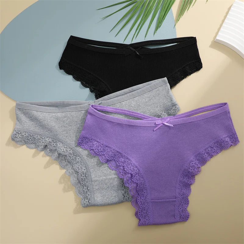 3PCS/Set Women’s Cotton Lace Bikini Panties – Low-Rise Breathable Soft Stretch Underwear (95% Cotton Comfort Fit) Sexy Low Rise Lace Brazilian Panties Hollow Out Soft Breathable Lingerie Female Bow Underwear S-XL
