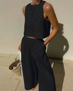 Cotton And Linen Pant Sets Women Sleeveless Leace-up Short Tops Drawstring Long Pants Two Piece Set Commuting 2023 Summer New