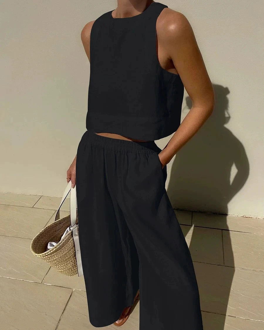 Cotton And Linen Pant Sets Women Sleeveless Leace-up Short Tops Drawstring Long Pants Two Piece Set Commuting 2023 Summer New