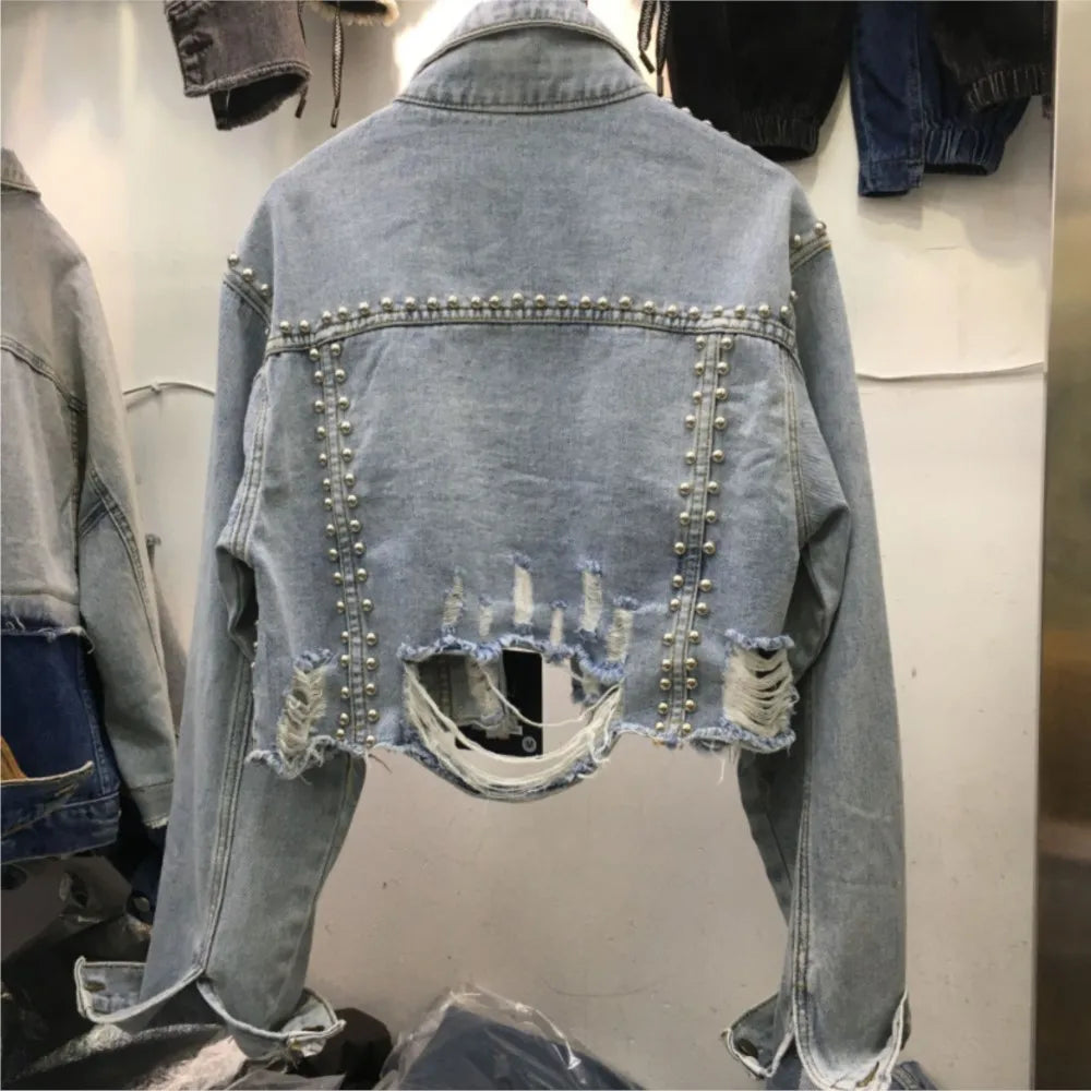 Women's Heavy Industry Riveted Diamond Denim Jacket Spring  Autumn New Slim Fashion Frayed Beaded Jacket Denim Female Tops 2026
