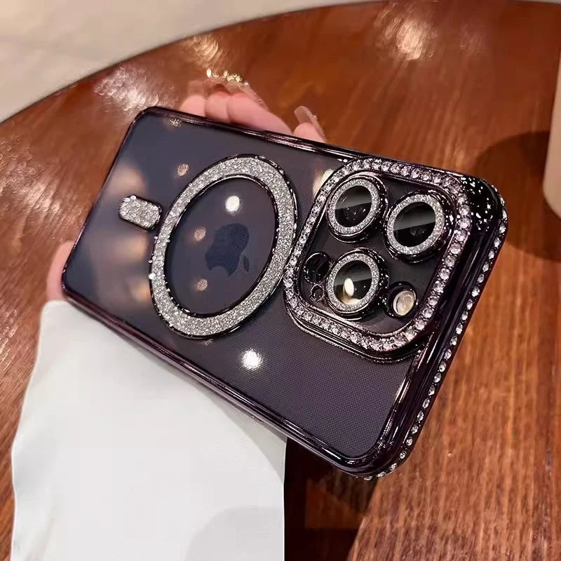 Luxury Glitter Diamond Clear Phone Case For iPhone 15 11 12 13 14 Pro Max Magsafe Magnetic iphone Case Wireless Charging Cover