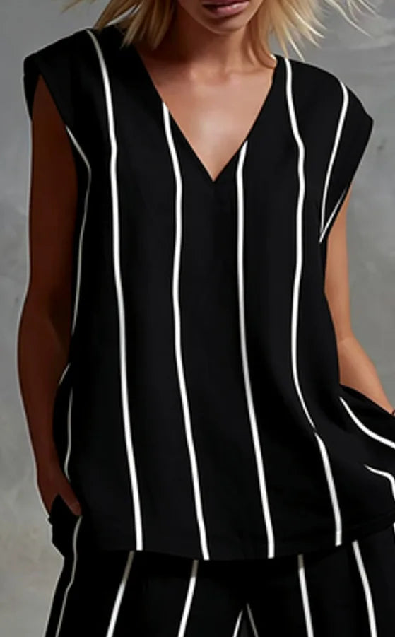 Black White Vertical Striped Loose Top+Wide Leg Pants Two-piece Summer Women's Loose Cotton Linen Trousers Set Костюм Женский
