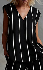 Black White Vertical Striped Loose Top+Wide Leg Pants Two-piece Summer Women's Loose Cotton Linen Trousers Set Костюм Женский