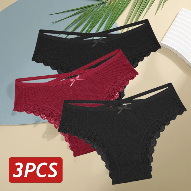 3PCS/Set Women’s Cotton Lace Bikini Panties – Low-Rise Breathable Soft Stretch Underwear (95% Cotton Comfort Fit) Sexy Low Rise Lace Brazilian Panties Hollow Out Soft Breathable Lingerie Female Bow Underwear S-XL