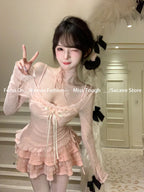 Women Mini Skirt 2 Piece Set Long Sleeve Coquette Thin Tops Y2k Mini Skirt Kpop Girl 2000s Aesthetic Outfits Vintage Suits