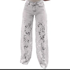 Lace Spliced Elegant Hollow Out Jeans Women New Fashion Temperament High Waist Straight Loose Denim Trousers Y2k Streetwear