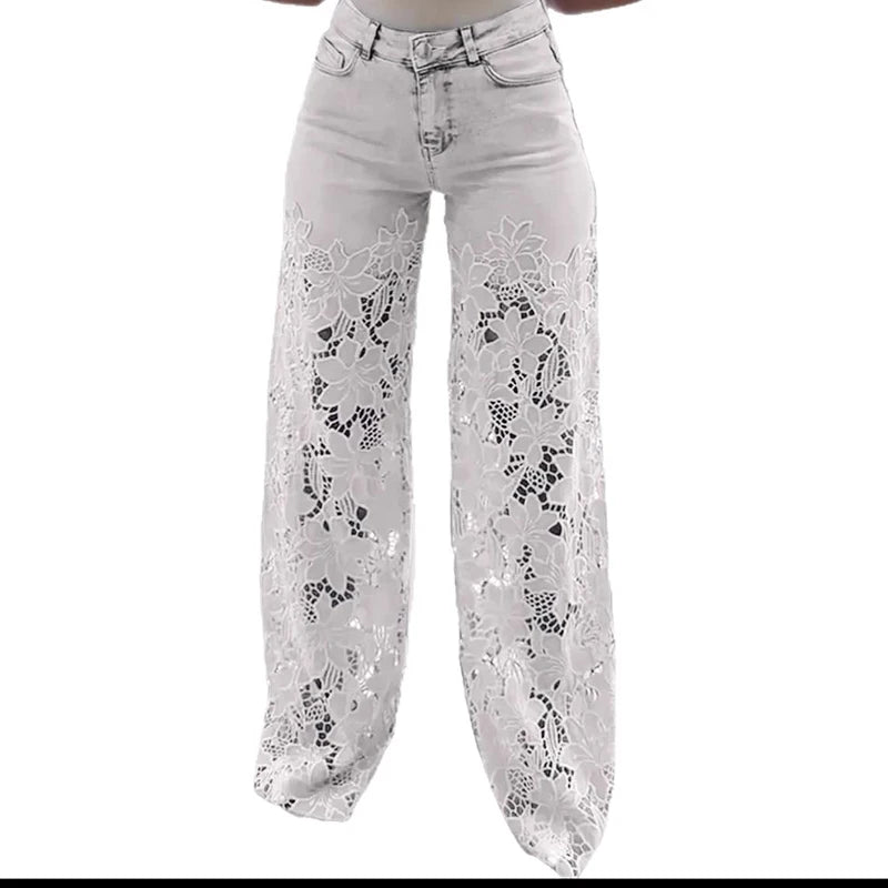 Lace Spliced Elegant Hollow Out Jeans Women New Fashion Temperament High Waist Straight Loose Denim Trousers Y2k Streetwear