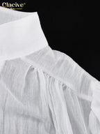 Clacive Fashion White Cotton Woman Blouse 2024 Elegant Stand Collar Puff Sleeve Shirts Casaul Classic Blusa Tops Female Clothing
