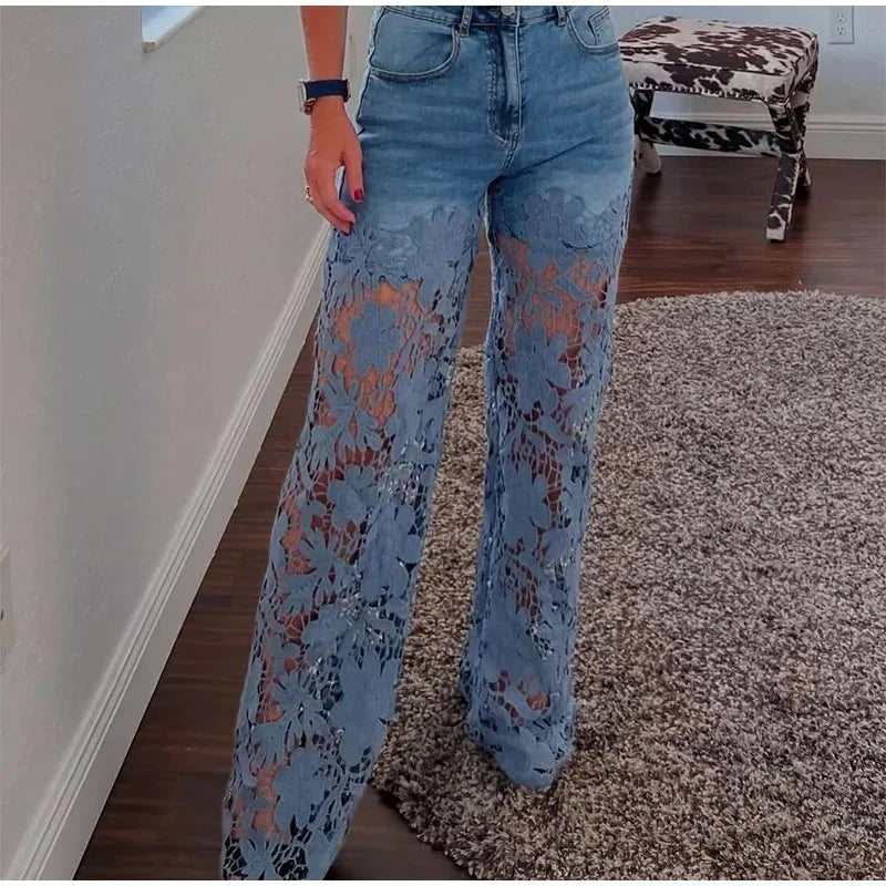 Lace Spliced Elegant Hollow Out Jeans Women New Fashion Temperament High Waist Straight Loose Denim Trousers Y2k Streetwear
