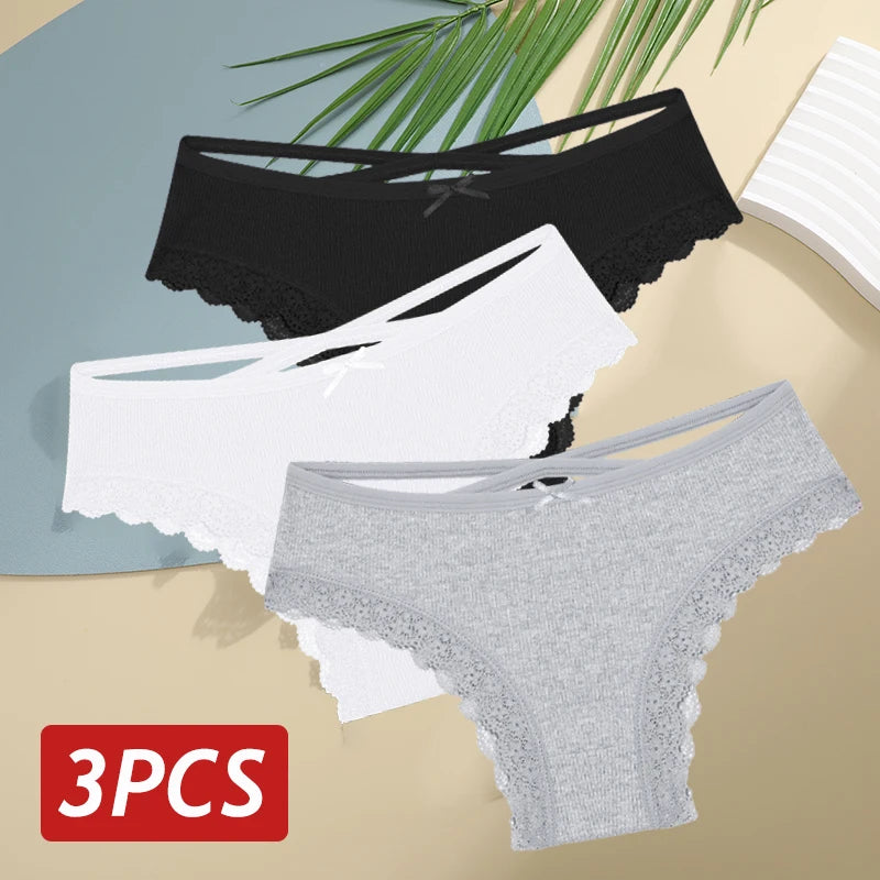 3PCS/Set Women’s Cotton Lace Bikini Panties – Low-Rise Breathable Soft Stretch Underwear (95% Cotton Comfort Fit) Sexy Low Rise Lace Brazilian Panties Hollow Out Soft Breathable Lingerie Female Bow Underwear S-XL