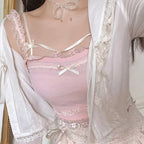 Pink Japanese Kawaii Lolita Crop Top Women White Korean College Style Sweet Tank Top Bow Lace France Princess Vset Female 2023