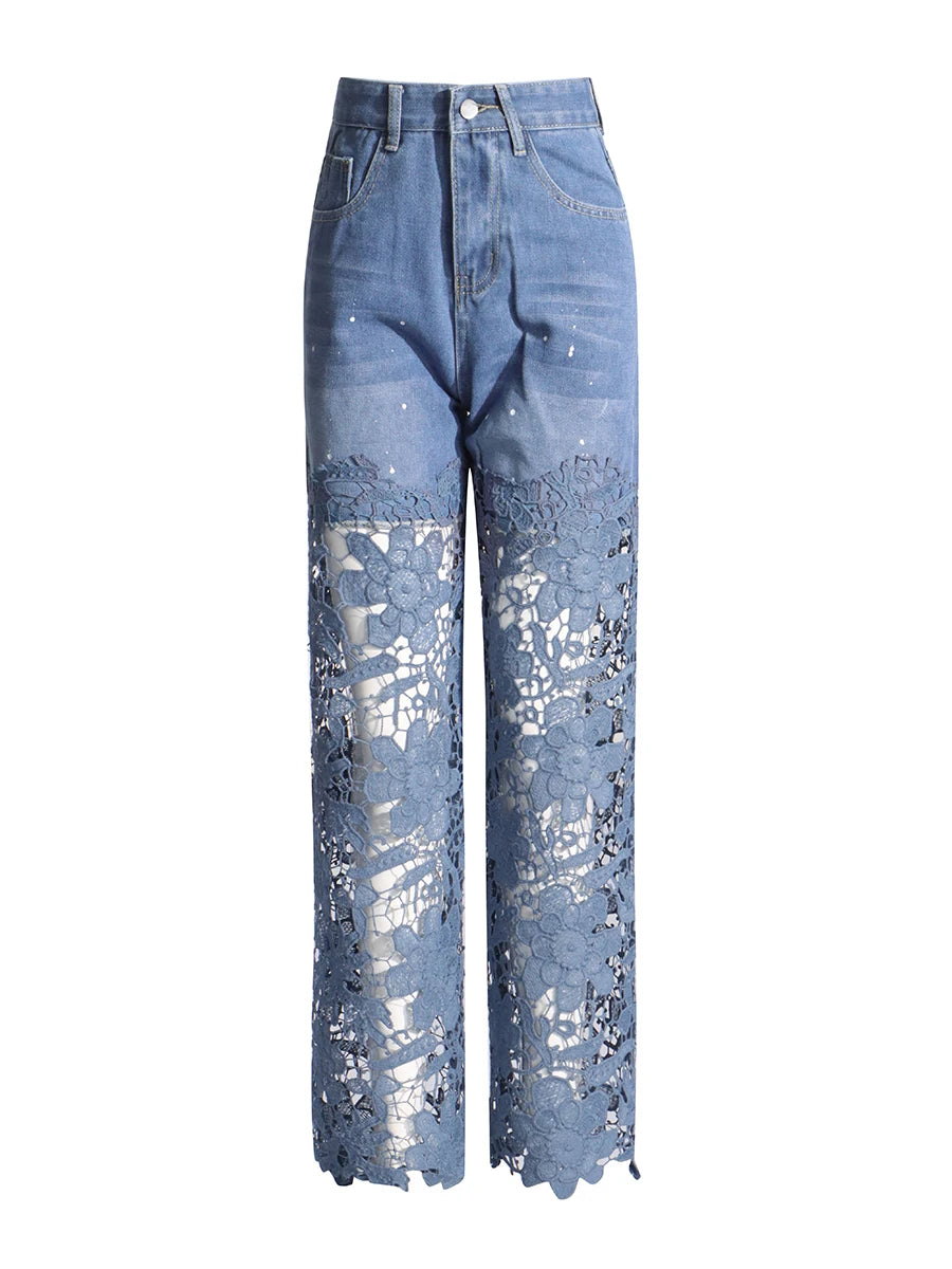 VGH Solid Slimming Hollow Out Temperament Denim Pants For Women High Waist Spliced Button Temperament Trousers Female Fashion
