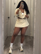 FAGADOER Casual Color Block 2 Piece Sets Woman Outfit Drawstring Ruched Patchwork Crop Top and Skirt Matching Female Streetwear