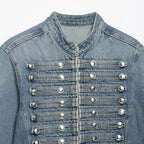 2026 New Women Denim 2 Piece Set Streetwear Button Decorated Stand Collar Cropped Jacket + Low Waist Shorts Y2K Outfi