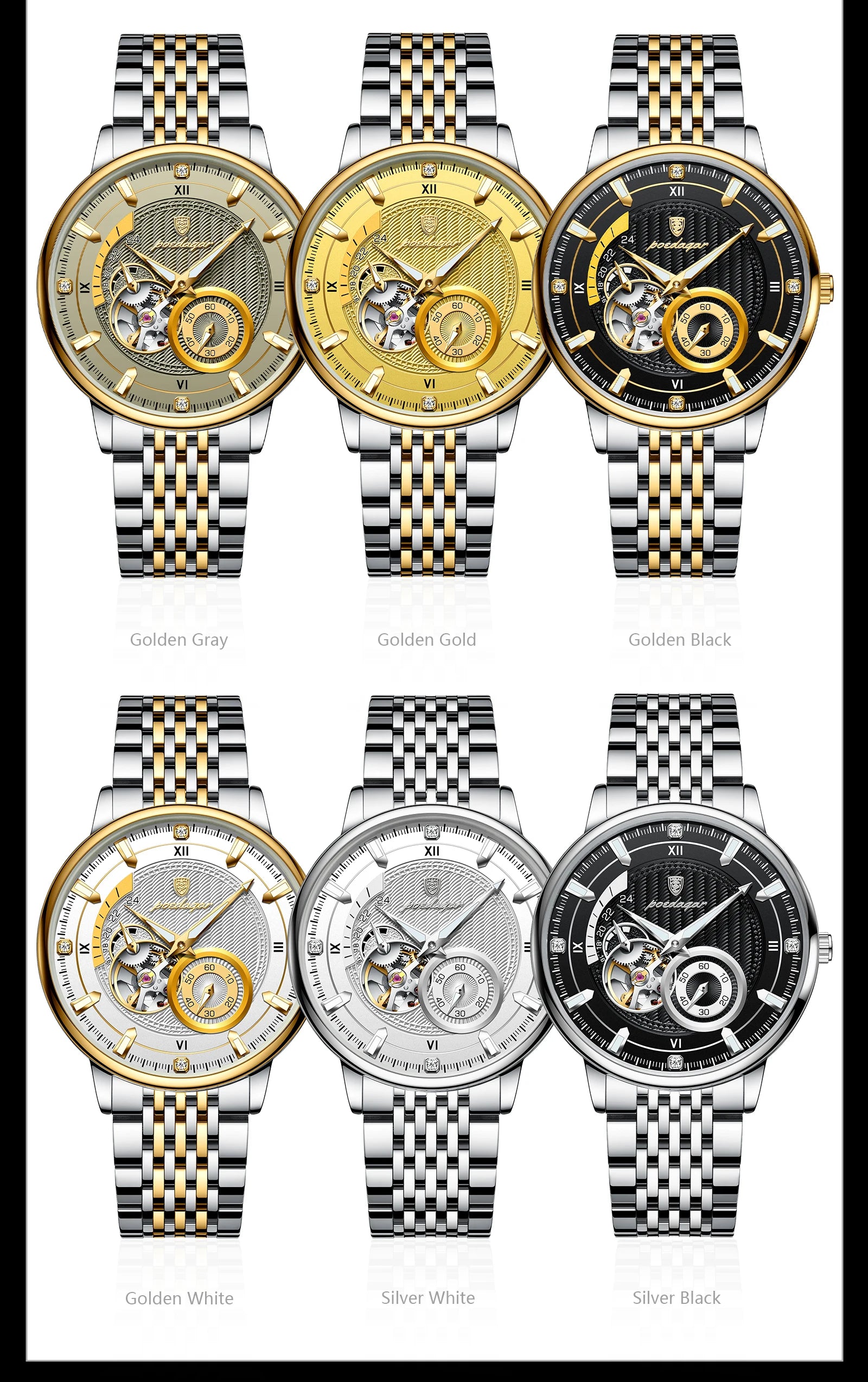 POEDAGAR Luxury Man Watch Stainless Steel Hollow Tourbillon Men Clock Luminous Mechanical Automatic Business Men's Watches Reloj